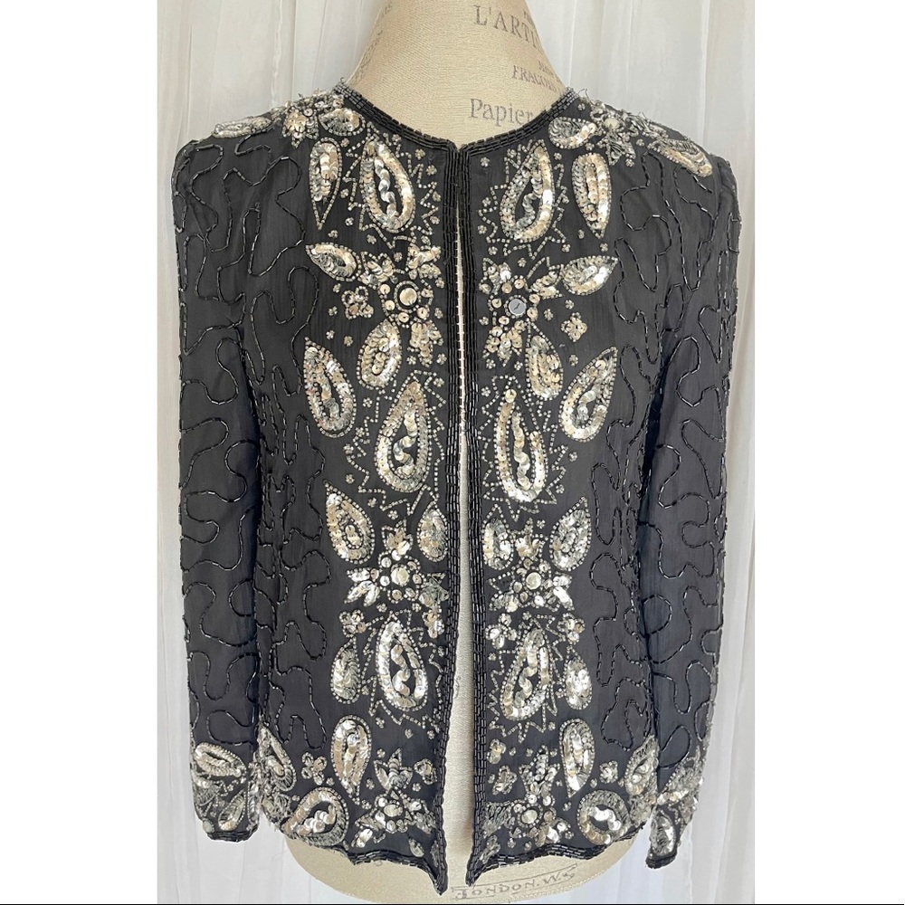 Vintage 100% Silk Black/Silver Sequin & Beaded Cardigan Size 10/12 Large